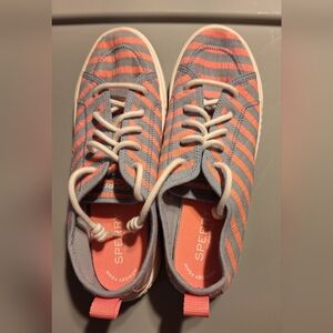 Sperry Womens Coral and Gray Stripe Canvas Lace-Up Shoes. Sz 7.5. Like New.